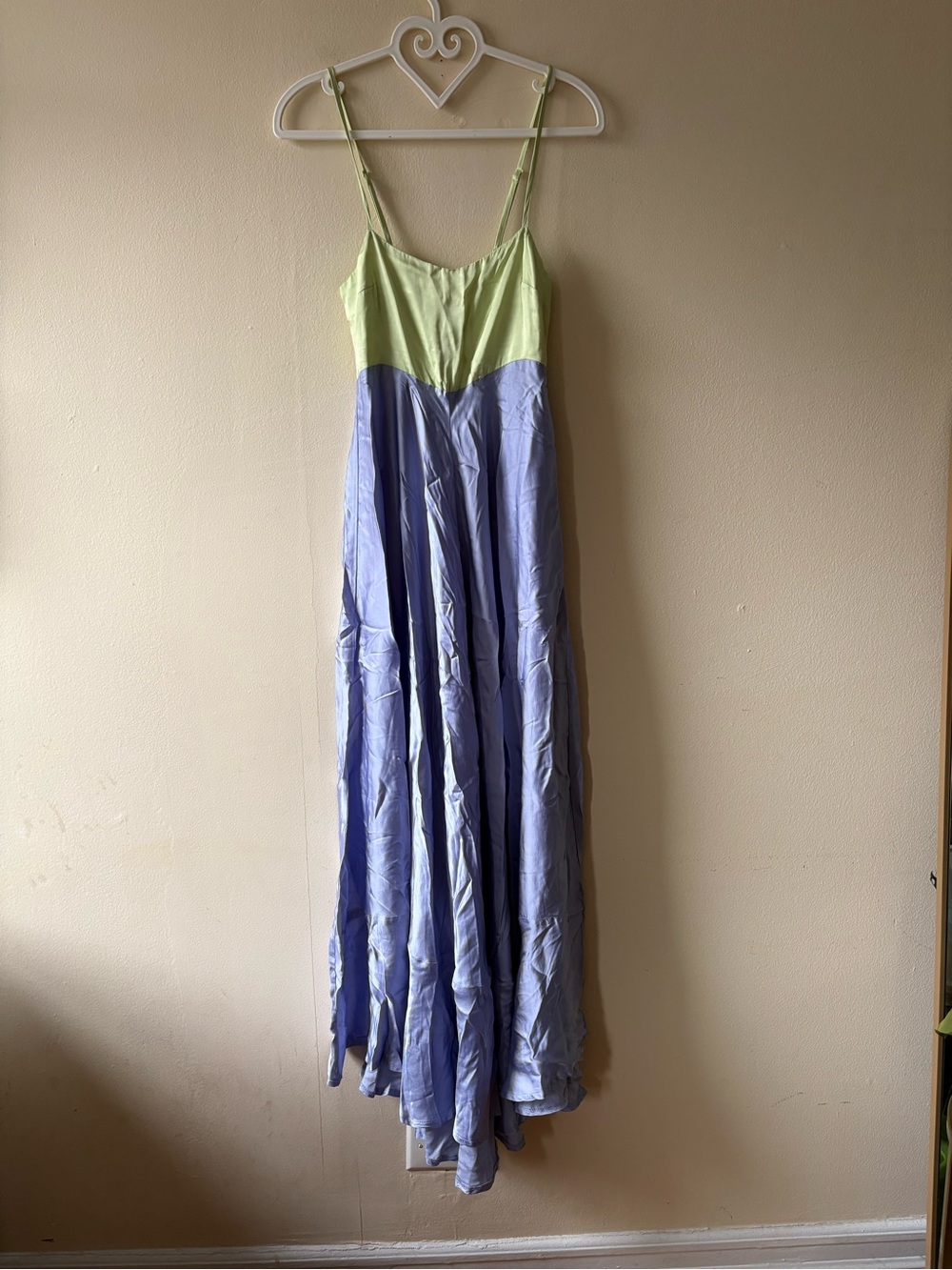 Olivacious Light Green & Lavender Two-Tone Satin Maxi Dress - Size S